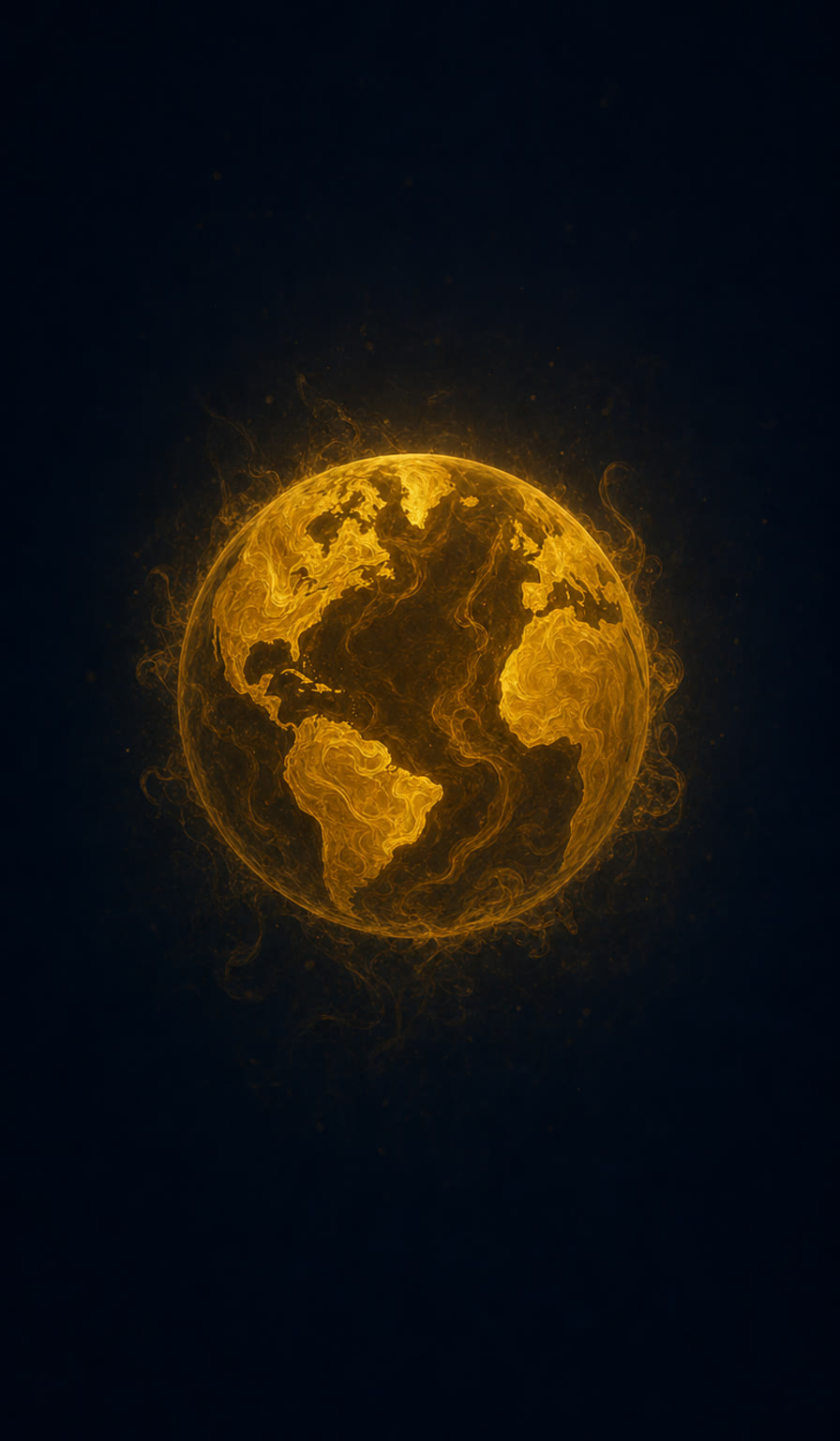 One drop of glowing golden ink hangs as the Earth in dark water